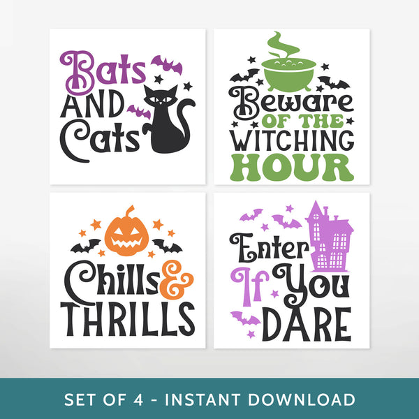 Four Halloween-themed typographic designs shown in a 2x2 grid on white cards, with a teal banner at the bottom reading 'SET OF 4 - INSTANT DOWNLOAD'.